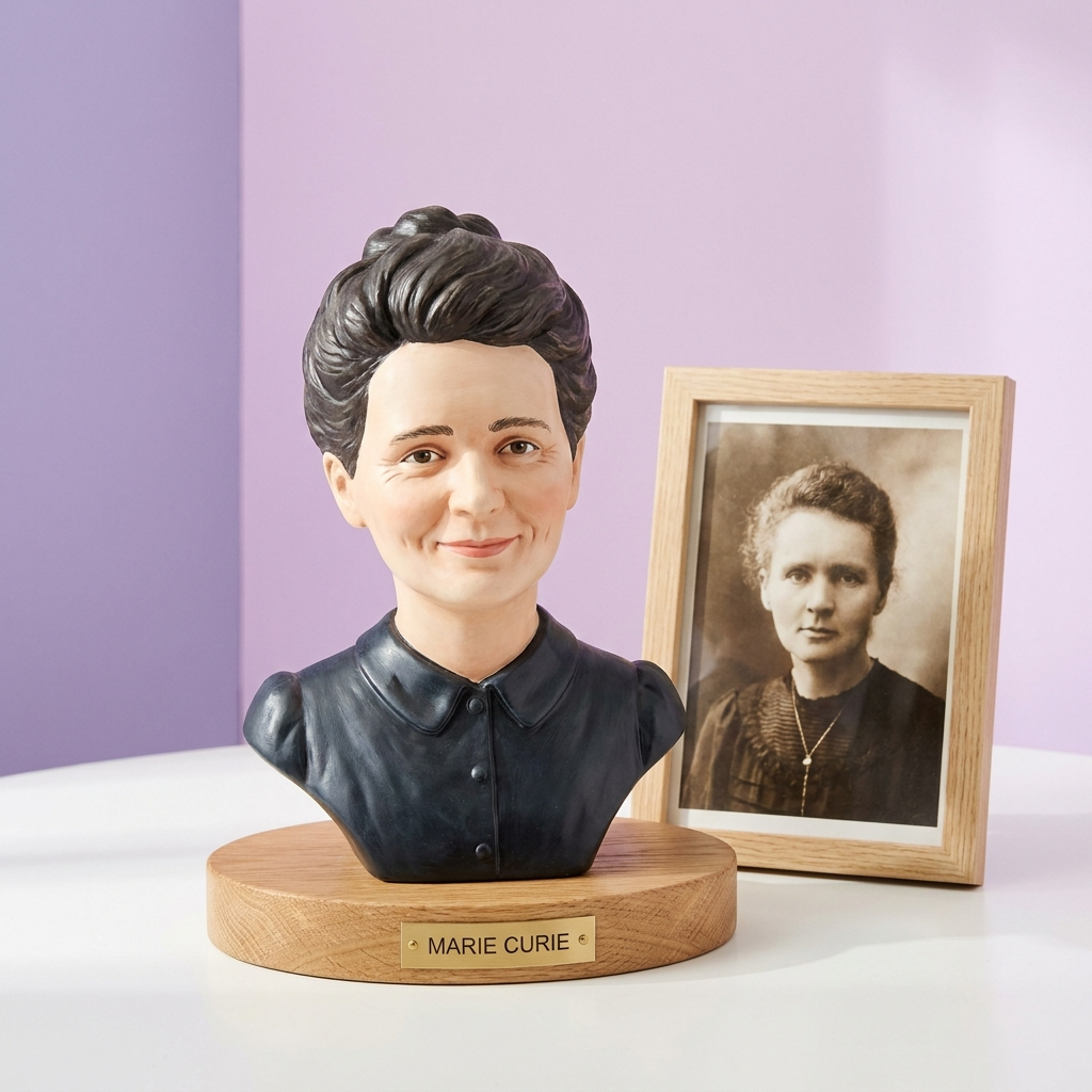 Marie Curie kézzel festett portrészobra a bekeretezett archív fotója mellett