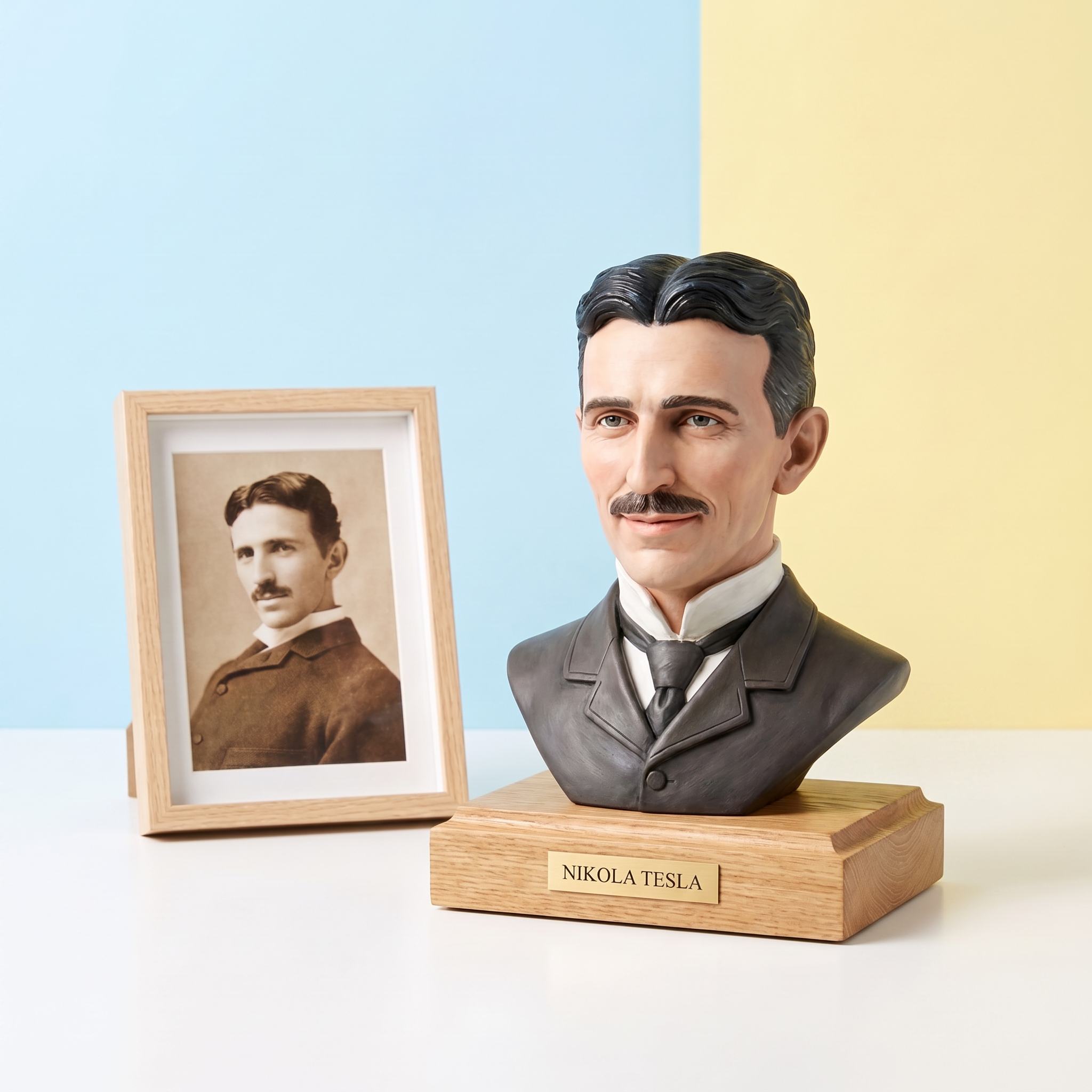 Nikola Tesla kézzel festett portrészobra a korabeli fotográfiája mellett