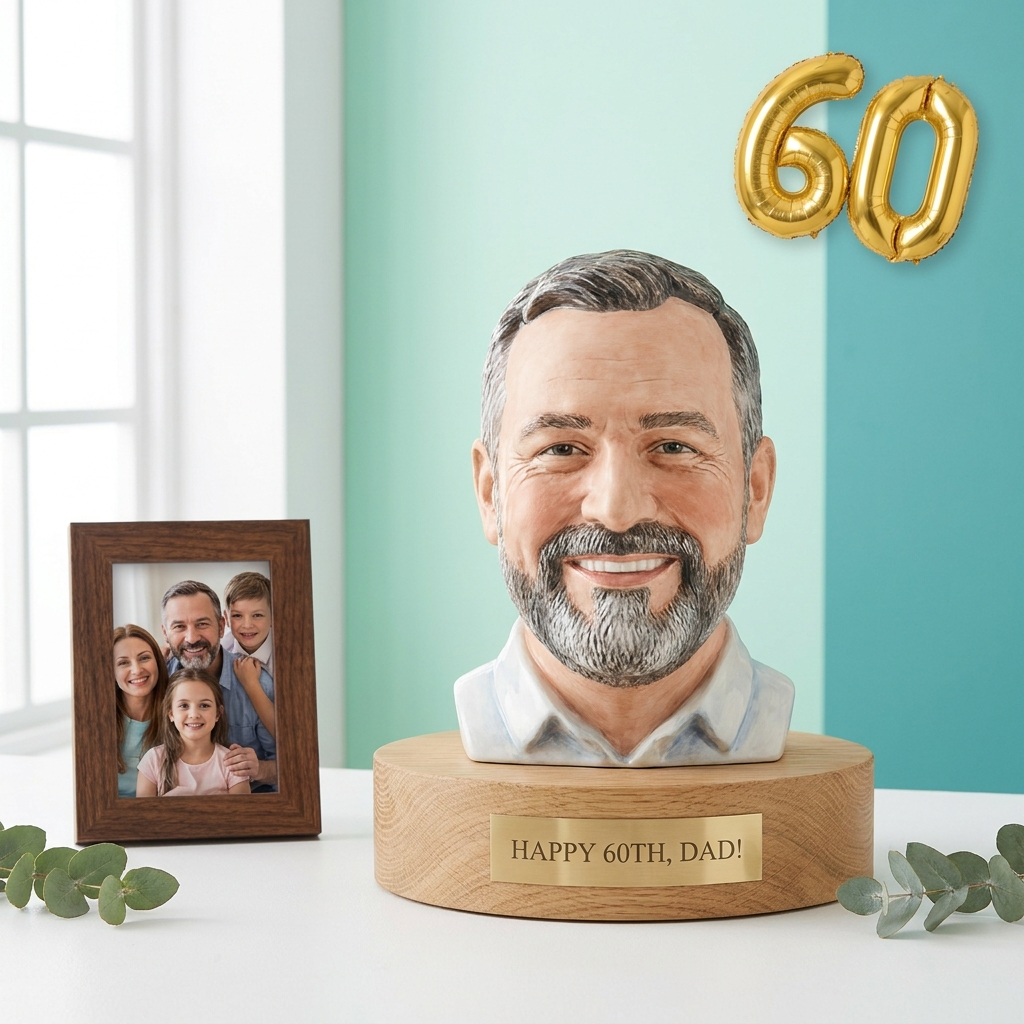 Szakállas férfi portrészobra fa talapzaton, „Happy 60th, Dad!” gravírozott réztáblával