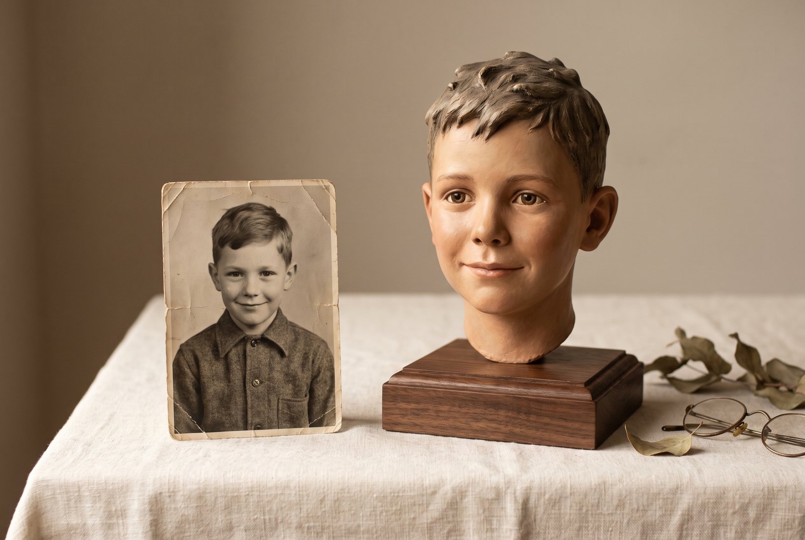 Illusztráció: régi fénykép mellett a belőle készült, kézzel festett portrészobor — 1947 — gyerekkori kép, gyűrött sarkokkal.